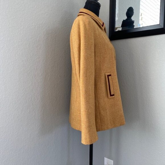 PHILLIPE ADEC Camel Wool Blend Tweed Jacket with Burgundy Trim Sz 6 - Picture 7 of 16